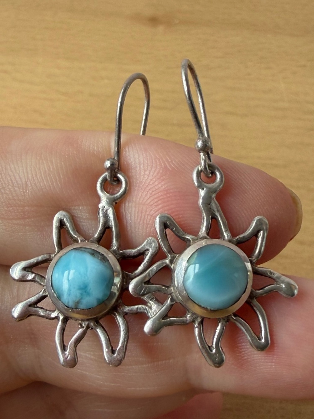 VINTAGE BLUE CATS EYE LARIMAR CABOCHON SUN BURST DANGLE DROP EARRINGS 925 SS